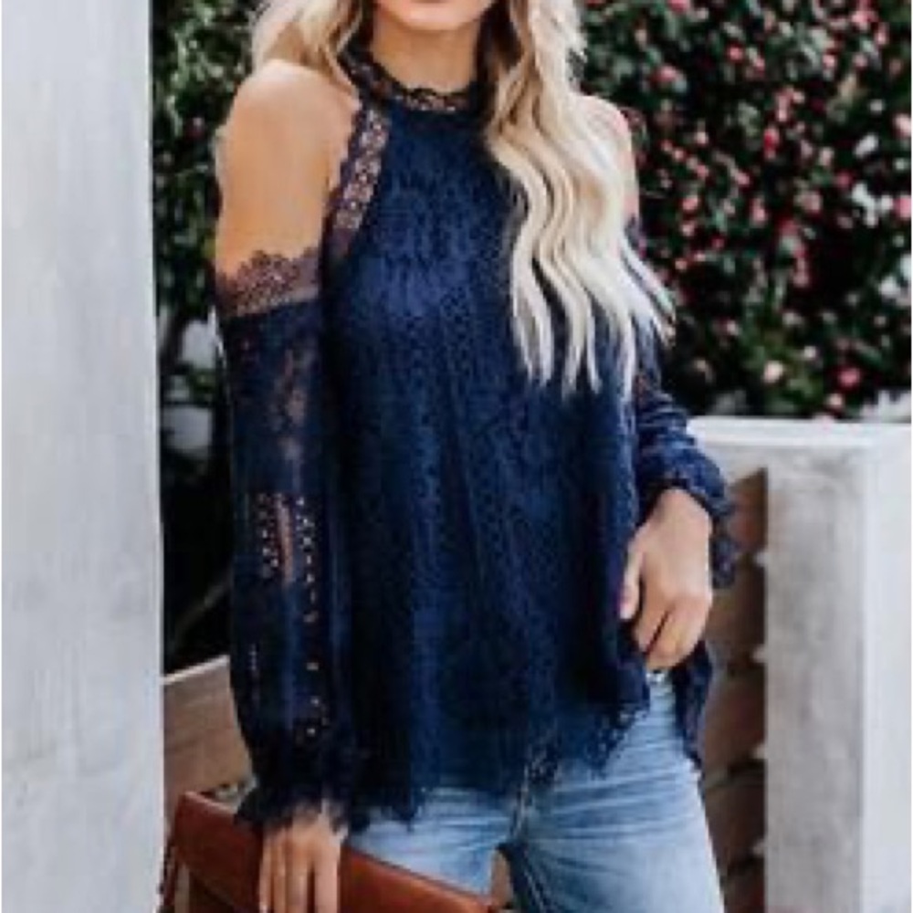 Sugarlips L Women’s Blue Lace Mika Cold Shoulder Top NWT